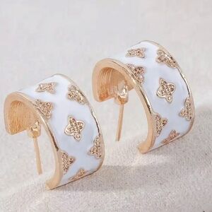 Gold and White Enamel Flower Accent Hoop Earrings
